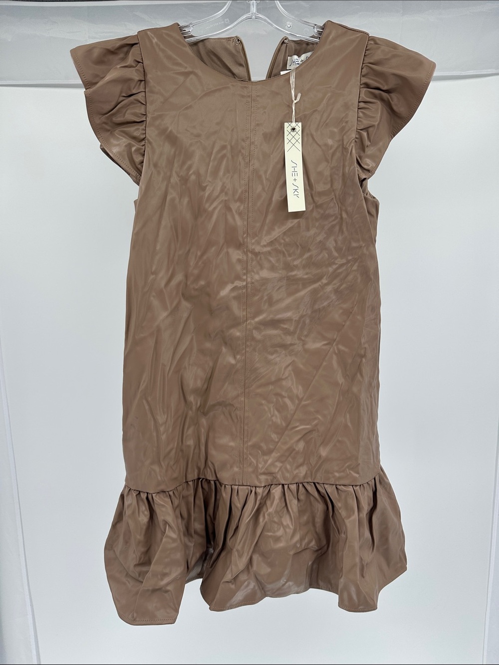 She + Sky Brown Ruffle-Hem Faux Leather Mini Dress
